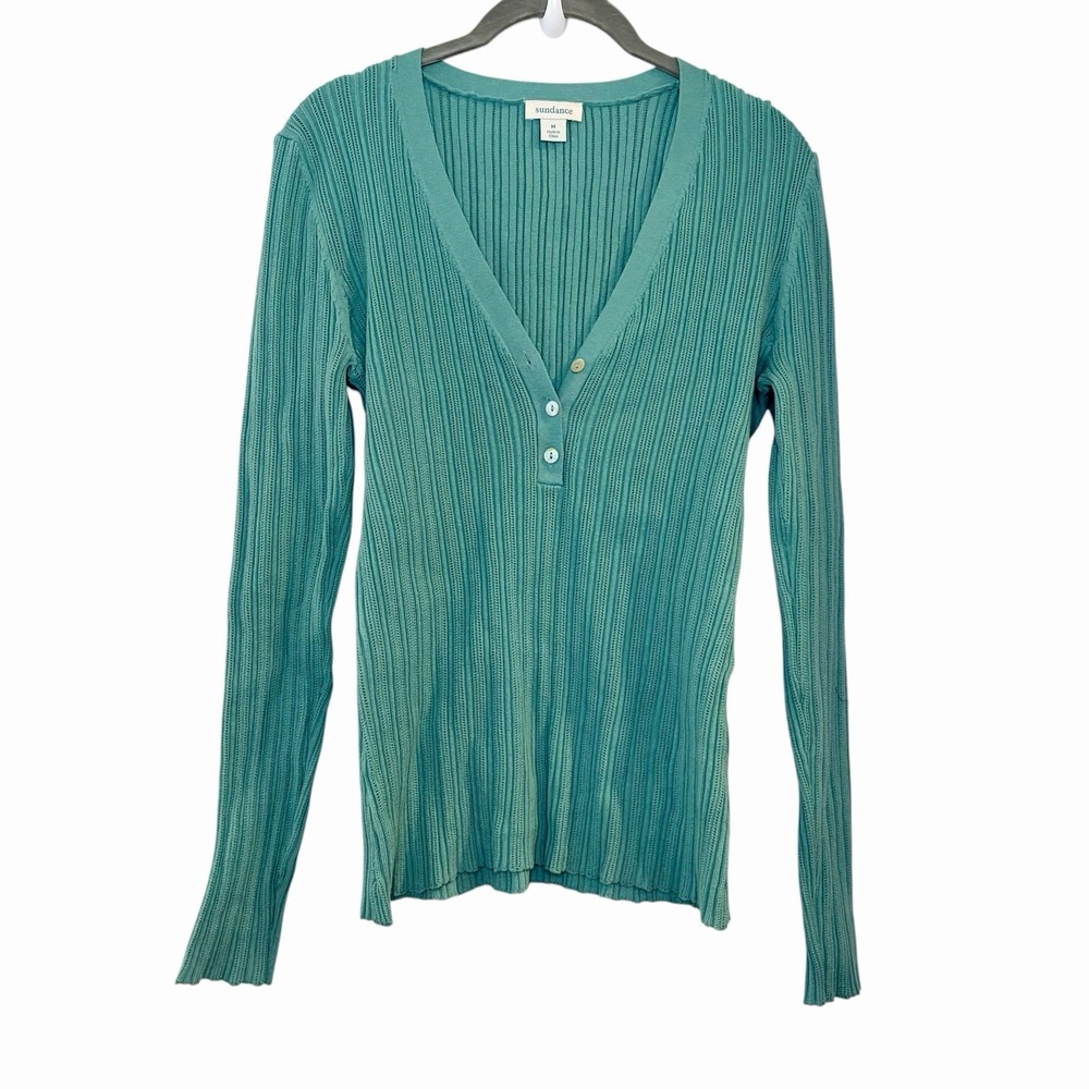 Sundance Averie Ribbed Henley Long Sleeve Top Teal Size M Casual Cozy